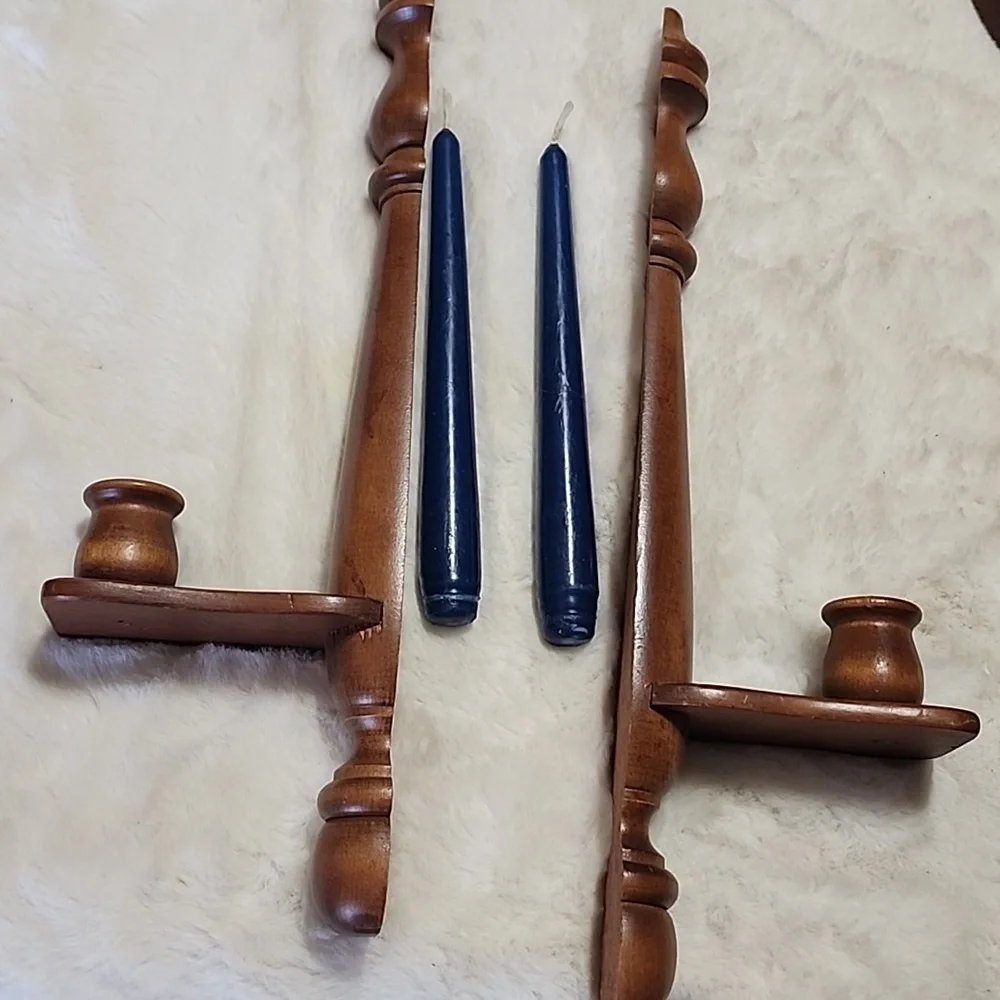 Wooden Candle Holders with Blue Candles - Picture 2 of 4